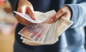 Dłonie trzymające stos polskich banknotów.