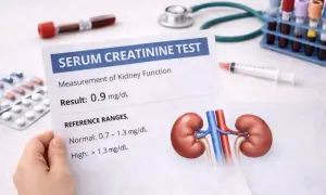Wynik badania kreatyniny 0.9 mg/dL, wskazujący na prawidłową funkcję nerek. Obok wyniki badań, próbki krwi, stetoskop i tabletki.