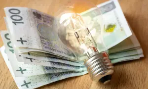 Żarówka na stosie banknotów 100 zł. Symbol oszczędności i potencjalnego pfron dofinansowania na innowacyjne rozwiązania.