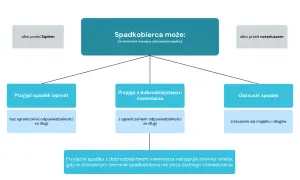 Schemat przedstawia opcje spadkobiercy: przyjąć spadek wprost, z dobrodziejstwem inwentarza lub odrzucić. Kluczowe dla prawa spadkowego są terminy i odpowiedzialność za długi.