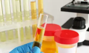 Rękawiczka pobiera próbkę moczu do analizy. W tle stoją probówki z żółtym płynem i mikroskop, co sugeruje badanie jak pobrać mocz na posiew.