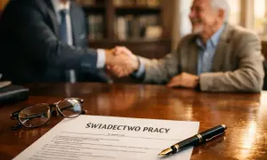Uścisk dłoni na tle dokumentu "Świadectwo pracy" symbolizuje zakończenie kariery i odprawę emerytalną.