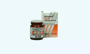 Opakowanie i buteleczka leku Ketonal forte 100 mg, który jest dostępny bez recepty. Idealny na ból.