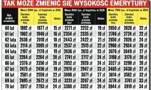 Tabela pokazuje, co to renta, zależnie od wieku i zgromadzonego kapitału w ZUS. Różnice w kwotach brutto są widoczne.