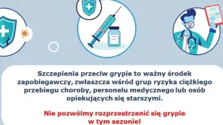 Grafika promuje szczepienia przeciw grypie. Widzimy ikonę tarczy chroniącej przed wirusami, strzykawkę z fiolką oraz lekarza. Informuje, że szczepienia to ważny środek zapobiegawczy. Cena szczepionki na grypę jest kluczowa dla dostępności.