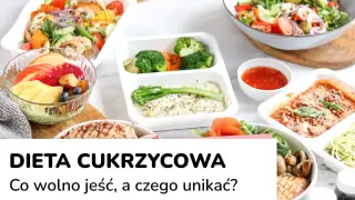 Zdrowe posiłki na talerzach, w tym sałatki, ryby i owoce, idealne dla osób stosujących dietę cukrzycową.