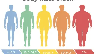 Pięć sylwetek ludzkich od niebieskiej (niedowaga) do czerwonej (ekstremalna otyłość) ilustruje skalę BMI.