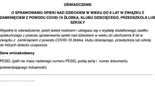Oświadczenie o sprawowaniu opieki nad dzieckiem do 8 lat z powodu COVID-19. Formularz ZUS Z-15B do wypełnienia przez rodzica ubiegającego się o zasiłek.