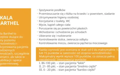 Skala Barthel ocenia samodzielność pacjenta w codziennych czynnościach, od jedzenia po higienę. Wynik określa stopień jego niezależności.