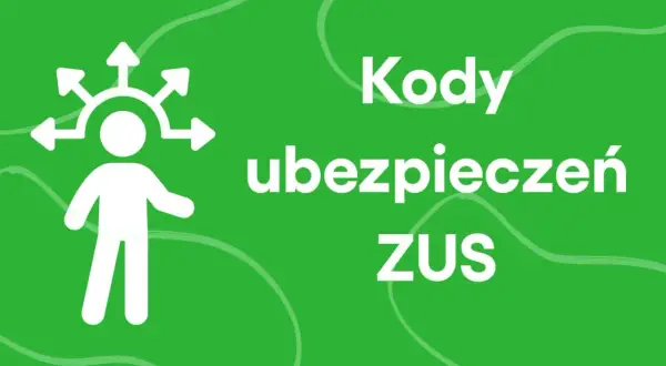 Biała ikona postaci z rozchodzącymi się strzałkami nad głową na zielonym tle. Tekst: "Kody ubezpieczeń ZUS".