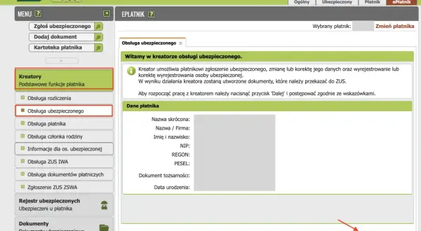 ZUS ePlatnik: kreator obsługi ubezpieczonego. Można zgłosić, zmienić lub wyrejestrować ubezpieczonego.