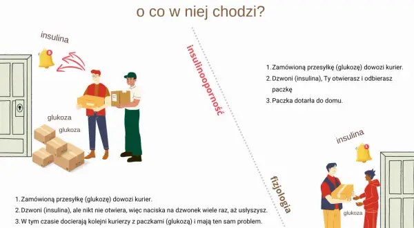 Ilustracja wyjaśnia insulinooporność: kurierzy z glukozą nie mogą się dodzwonić do komórek, bo insulina nie otwiera drzwi.