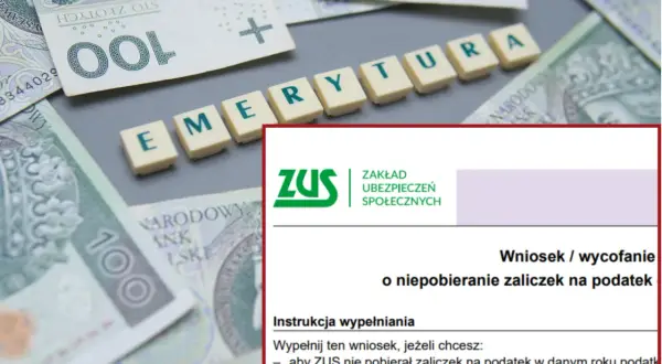 Wniosek o niepobieranie zaliczek na podatek, wzór pisma o przejście na emeryturę, na tle polskich banknotów.