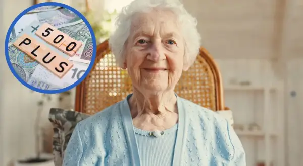 Uśmiechnięta starsza pani, a obok niej symbol świadczenia uzupełniającego 500 Plus na tle polskich banknotów.