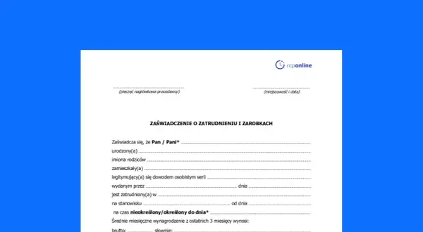 Zaświadczenie o zatrudnieniu i zarobkach, zawiera dane pracownika, jego zatrudnienie i wynagrodzenie.