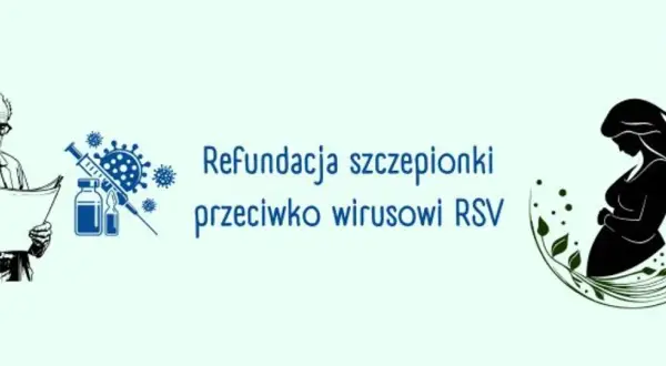 Grafika informuje o refundacji szczepionki przeciw wirusowi RSV. Widoczny lekarz, strzykawka, fiolki i sylwetka kobiety w ciąży.