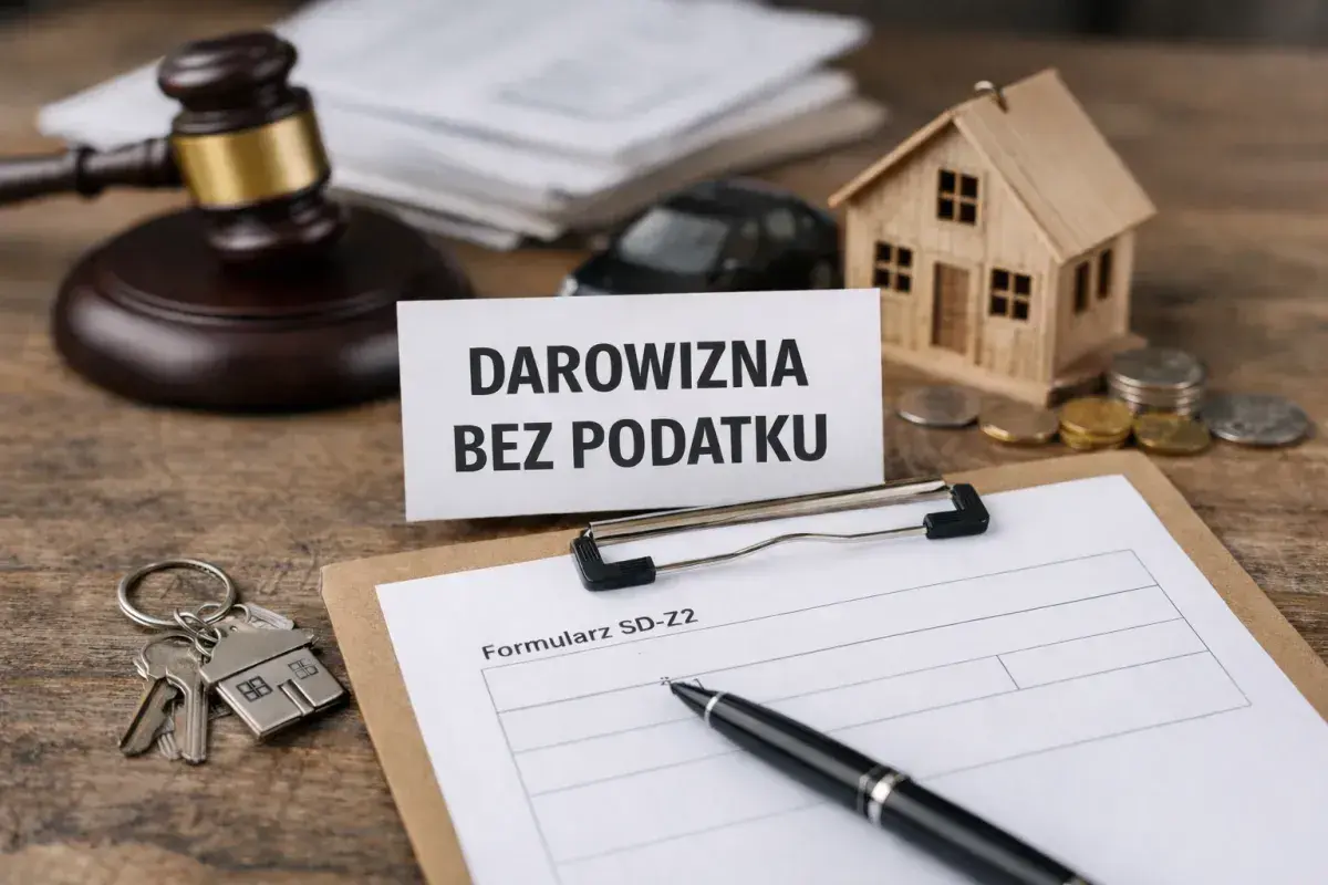 Klucze do domu, formularz SD-Z2 i młotek sędziowski sugerują, że chodzi o podatek od darowizny w rodzinie.