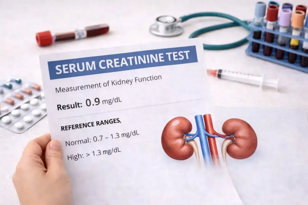 Wynik badania kreatyniny 0.9 mg/dL, wskazujący na prawidłową funkcję nerek. Obok wyniki badań, próbki krwi, stetoskop i tabletki.