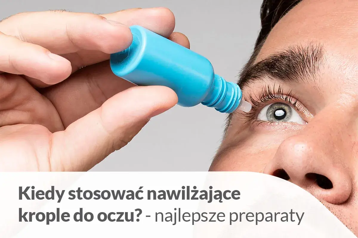 Mężczyzna aplikuje krople do oczu bez recepty, by nawilżyć zmęczone oczy.