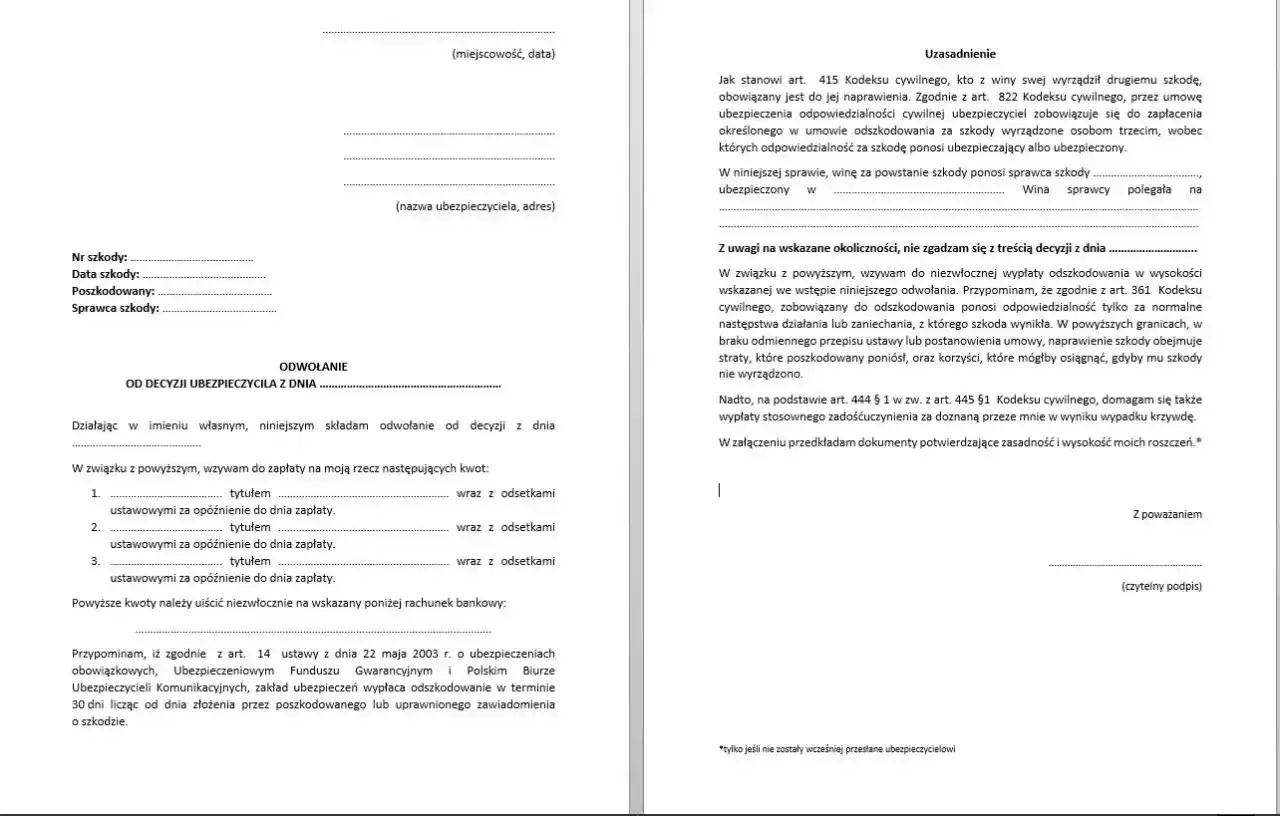 Odwołanie od decyzji ZUS w sprawie szkody. Wniosek o wypłatę odszkodowania i zadośćuczynienia.