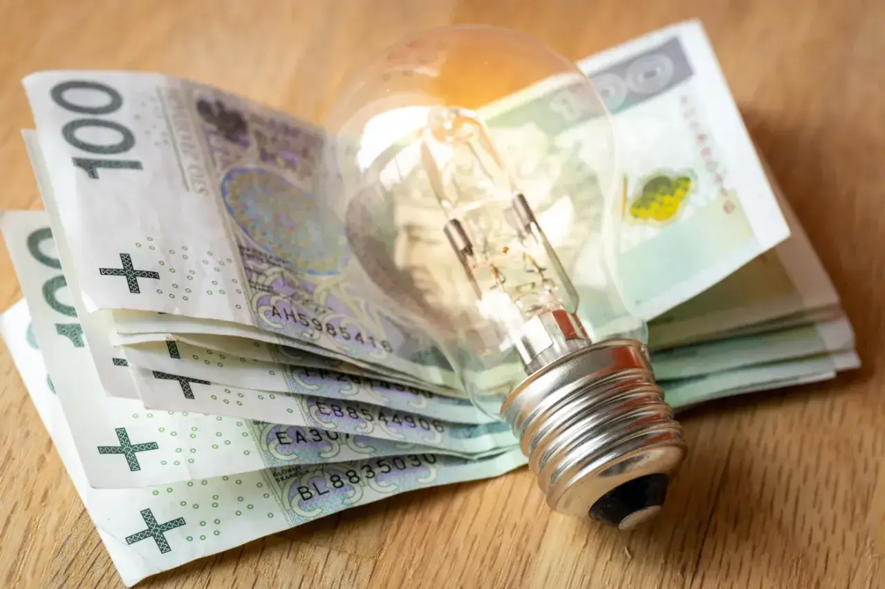 Żarówka na stosie banknotów 100 zł. Symbol oszczędności i potencjalnego pfron dofinansowania na innowacyjne rozwiązania.