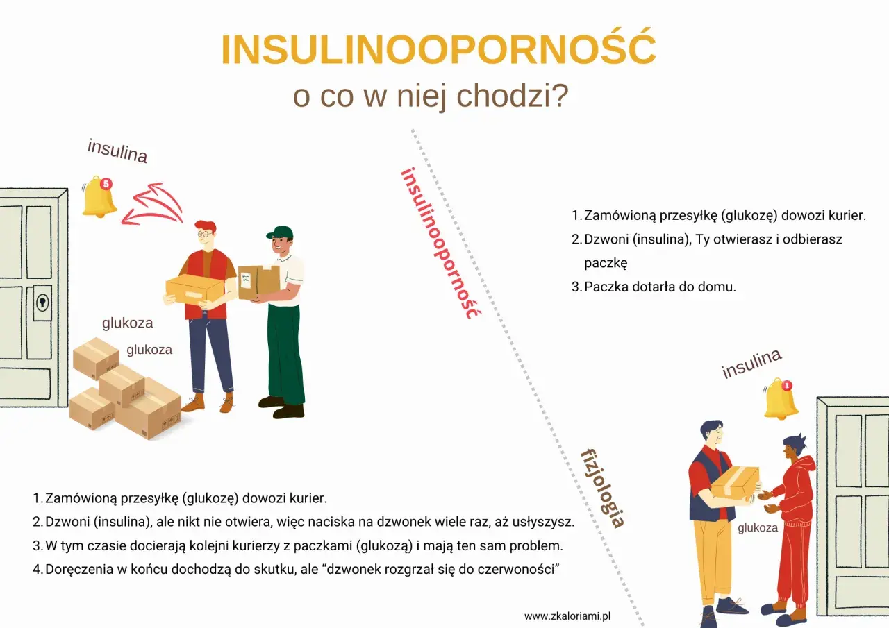 Ilustracja wyjaśnia insulinooporność: kurierzy z glukozą nie mogą się dodzwonić do komórek, bo insulina nie otwiera drzwi.