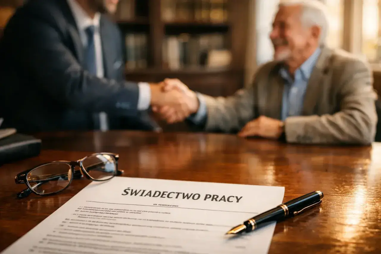 Uścisk dłoni na tle dokumentu "Świadectwo pracy" symbolizuje zakończenie kariery i odprawę emerytalną.