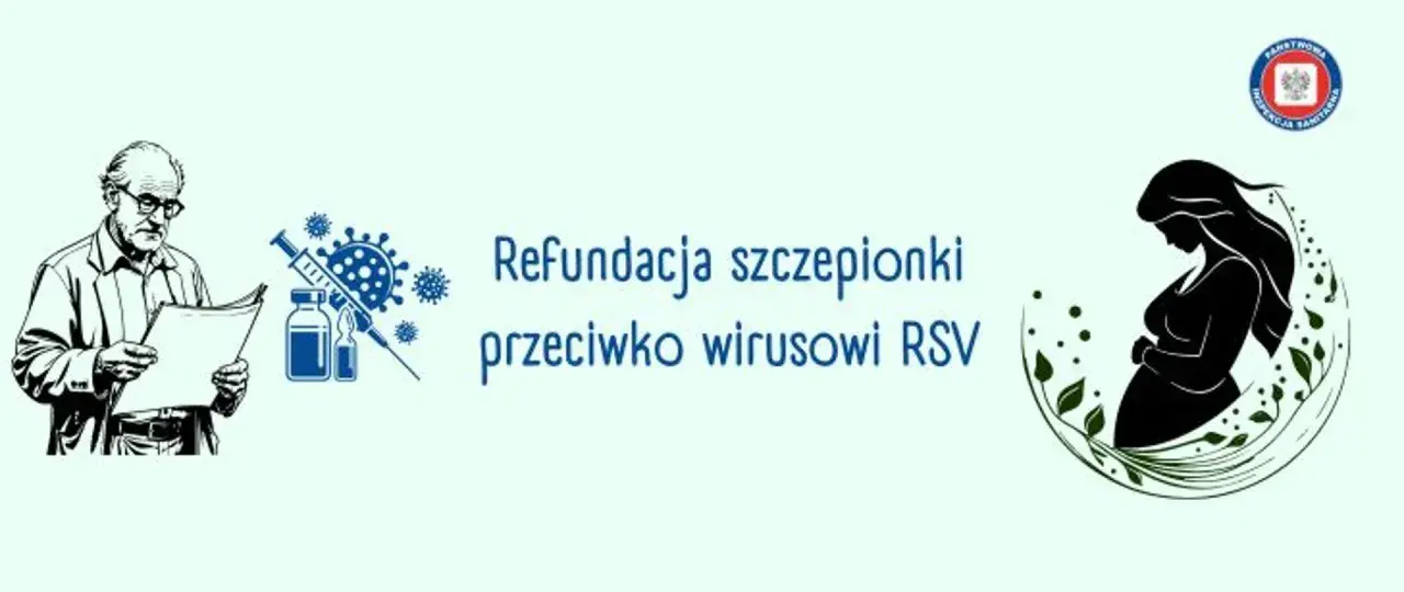 Grafika informuje o refundacji szczepionki przeciw wirusowi RSV. Widoczny lekarz, strzykawka, fiolki i sylwetka kobiety w ciąży.