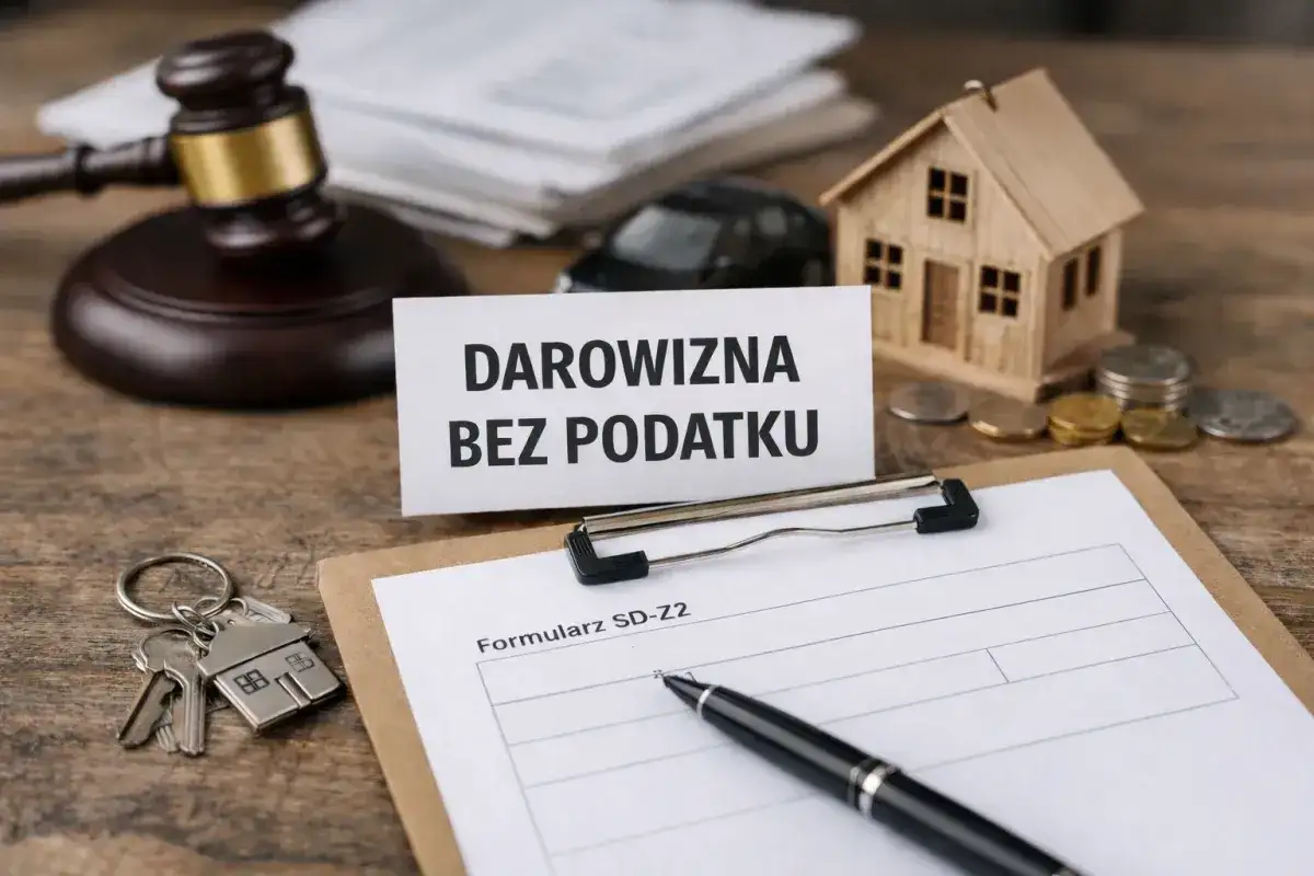 Klucze do domu, formularz SD-Z2 i młotek sędziowski sugerują, że chodzi o podatek od darowizny w rodzinie.