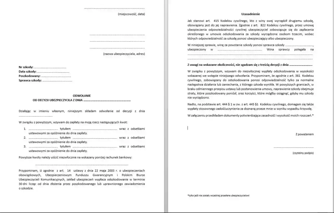 Odwołanie od decyzji ZUS w sprawie szkody. Wniosek o wypłatę odszkodowania i zadośćuczynienia.