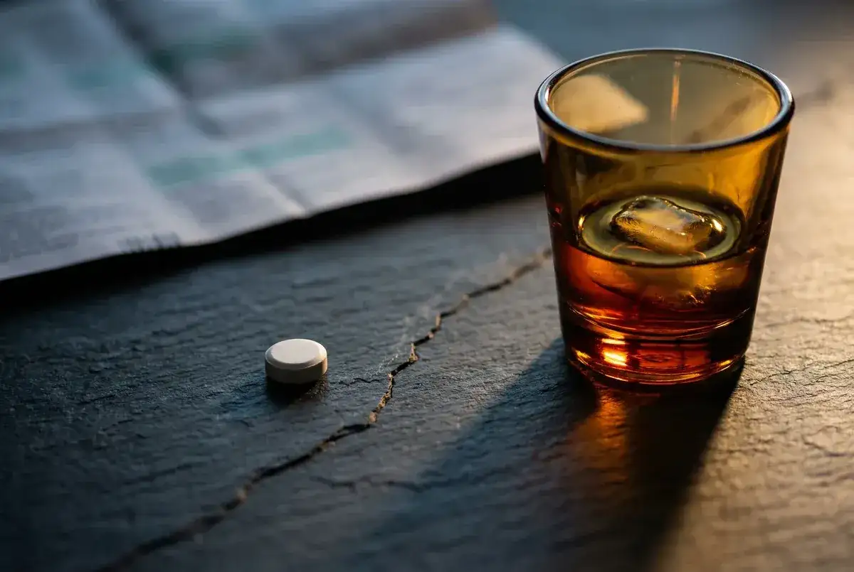 Jedna tabletka ketonalu leży obok szklanki z alkoholem i lodem. Na tle gazeta.