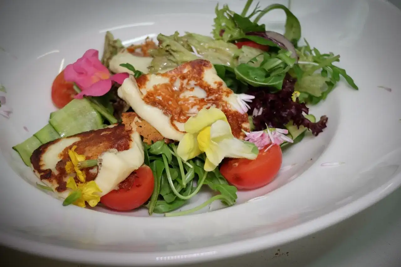 Sałatka z grillowanym serem halloumi, pomidorkami i ogórkiem. Idealna do diety DASH. Przepisy na zdrowe posiłki.
