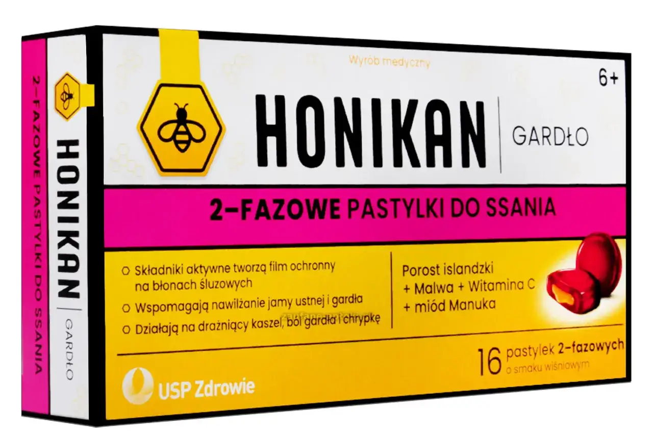 Opakowanie Honikan Gardło, 2-fazowe pastylki do ssania o smaku wiśniowym, wspomagające nawilżanie gardła i łagodzące kaszel.