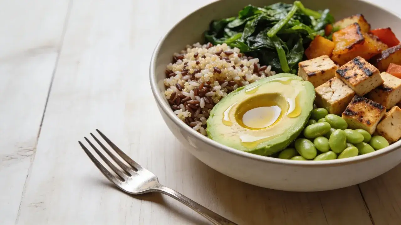 Miseczka pełna zdrowia: ryż z komosą, edamame, grillowane tofu, awokado i szpinak. Idealna dieta wegetariańska.
