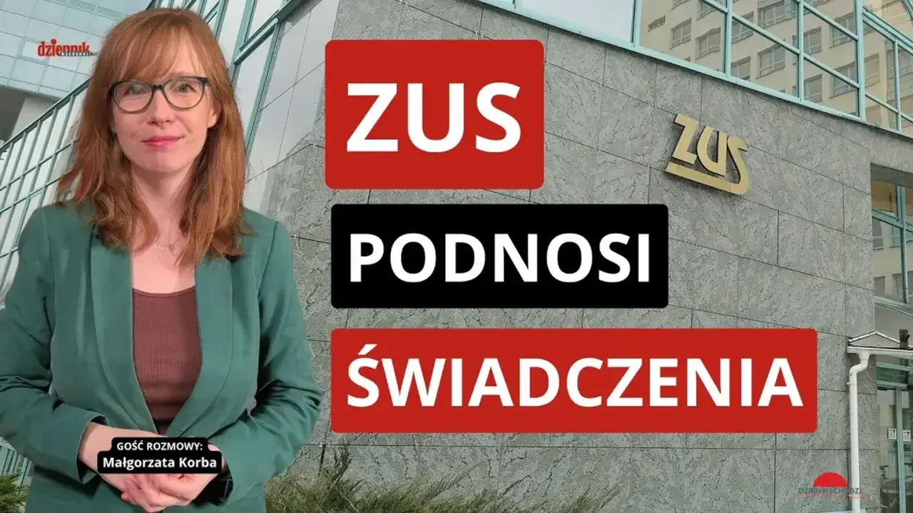 Kobieta w zielonej marynarce przed budynkiem ZUS. Napisy: 