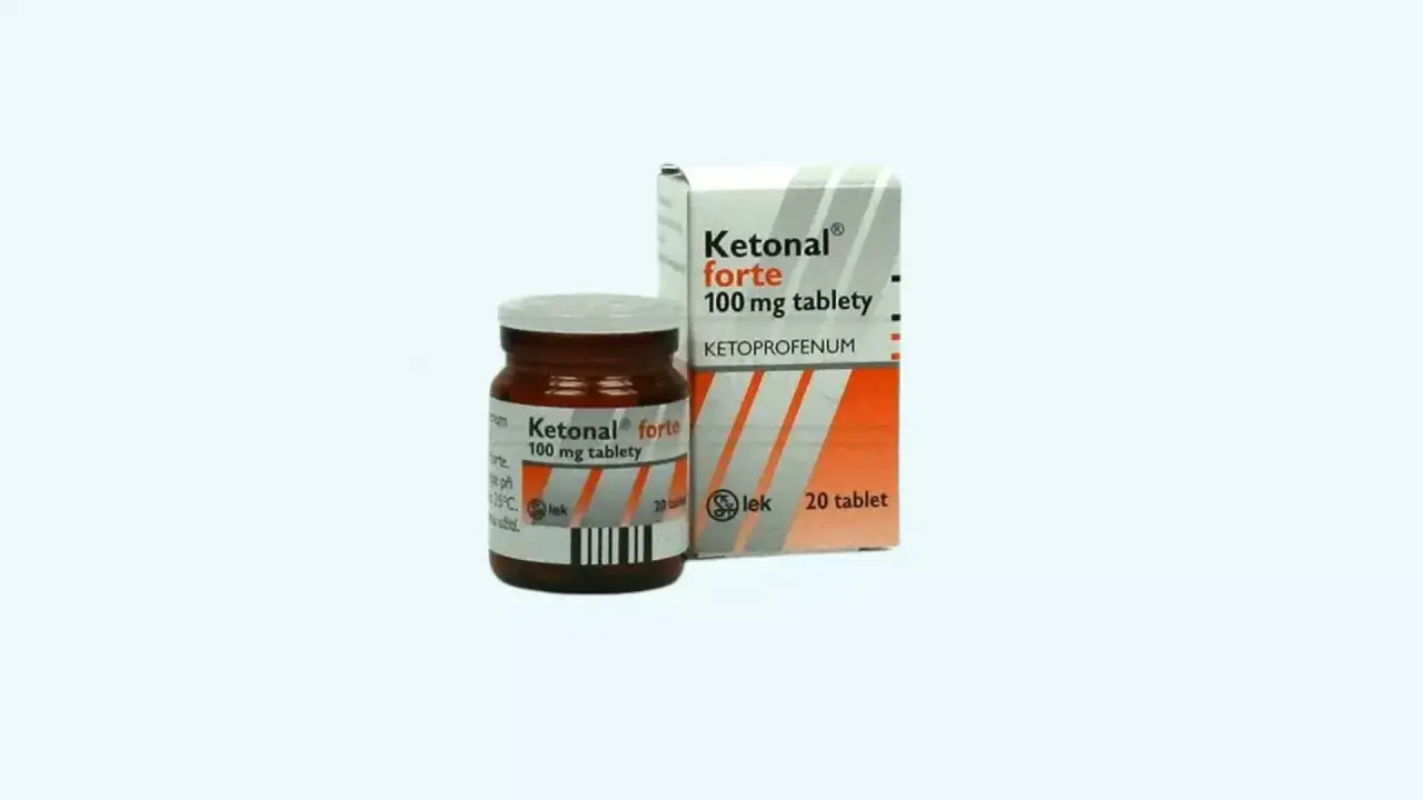 Opakowanie i buteleczka leku Ketonal forte 100 mg, który jest dostępny bez recepty.