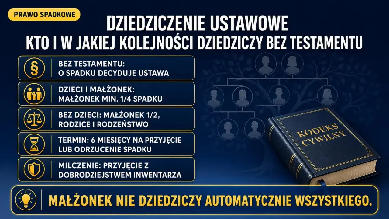 Dziedziczenie ustawowe: kto i w jakiej kolejności dziedziczy bez testamentu. Małżonek nie dziedziczy automatycznie wszystkiego.