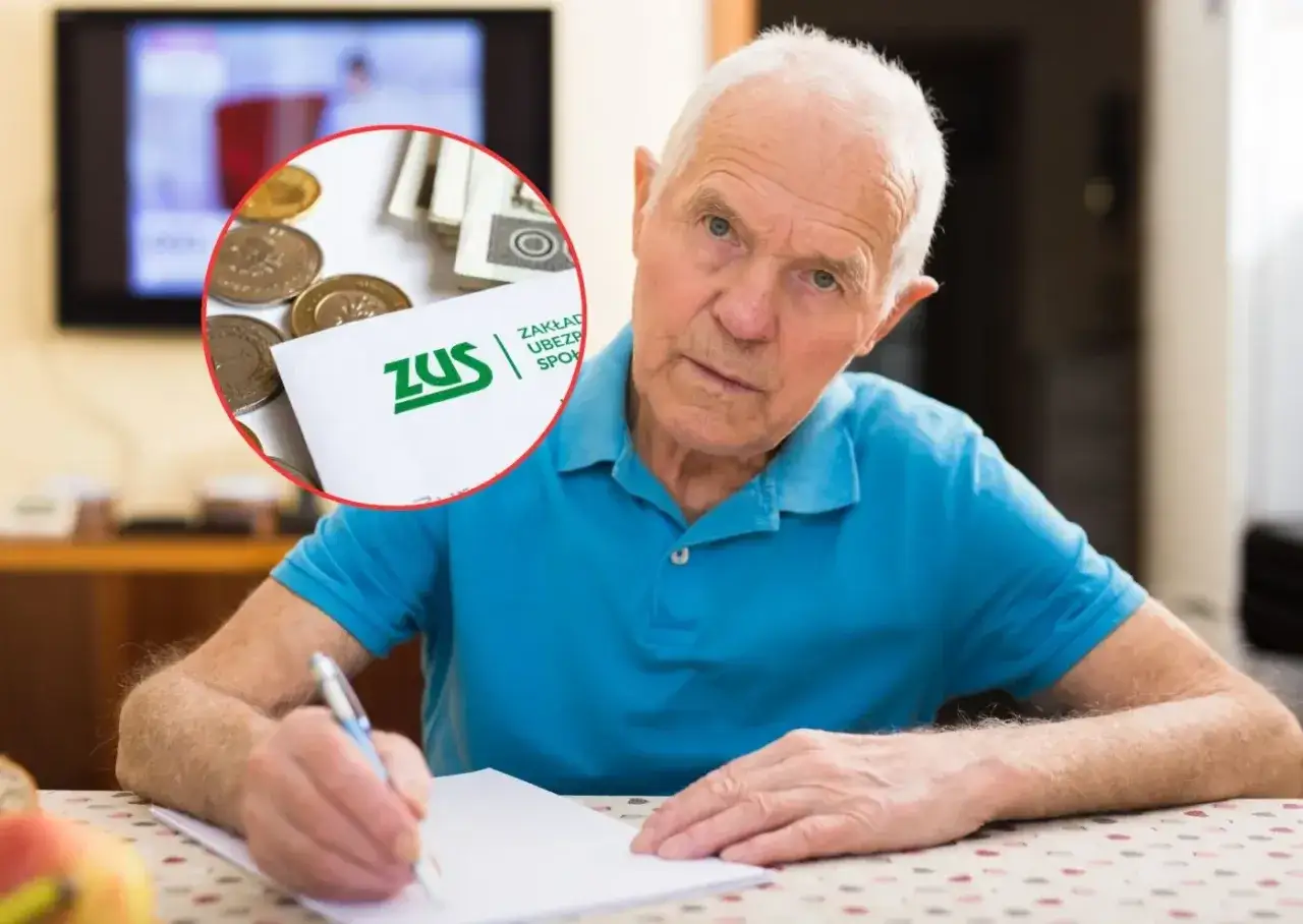 Starszy mężczyzna pisze, w tle ZUS i monety. Czy waloryzacja emerytur 2026 tabela przyniesie zmiany?