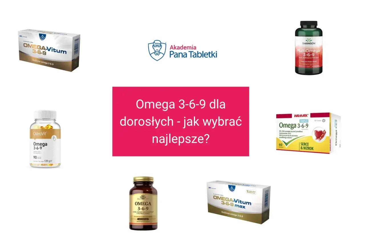 Kolekcja suplementów diety Omega 3-6-9 dla dorosłych, w tym produkty marek OstroVit, Swanson, Walmark i Omega-Vitum.