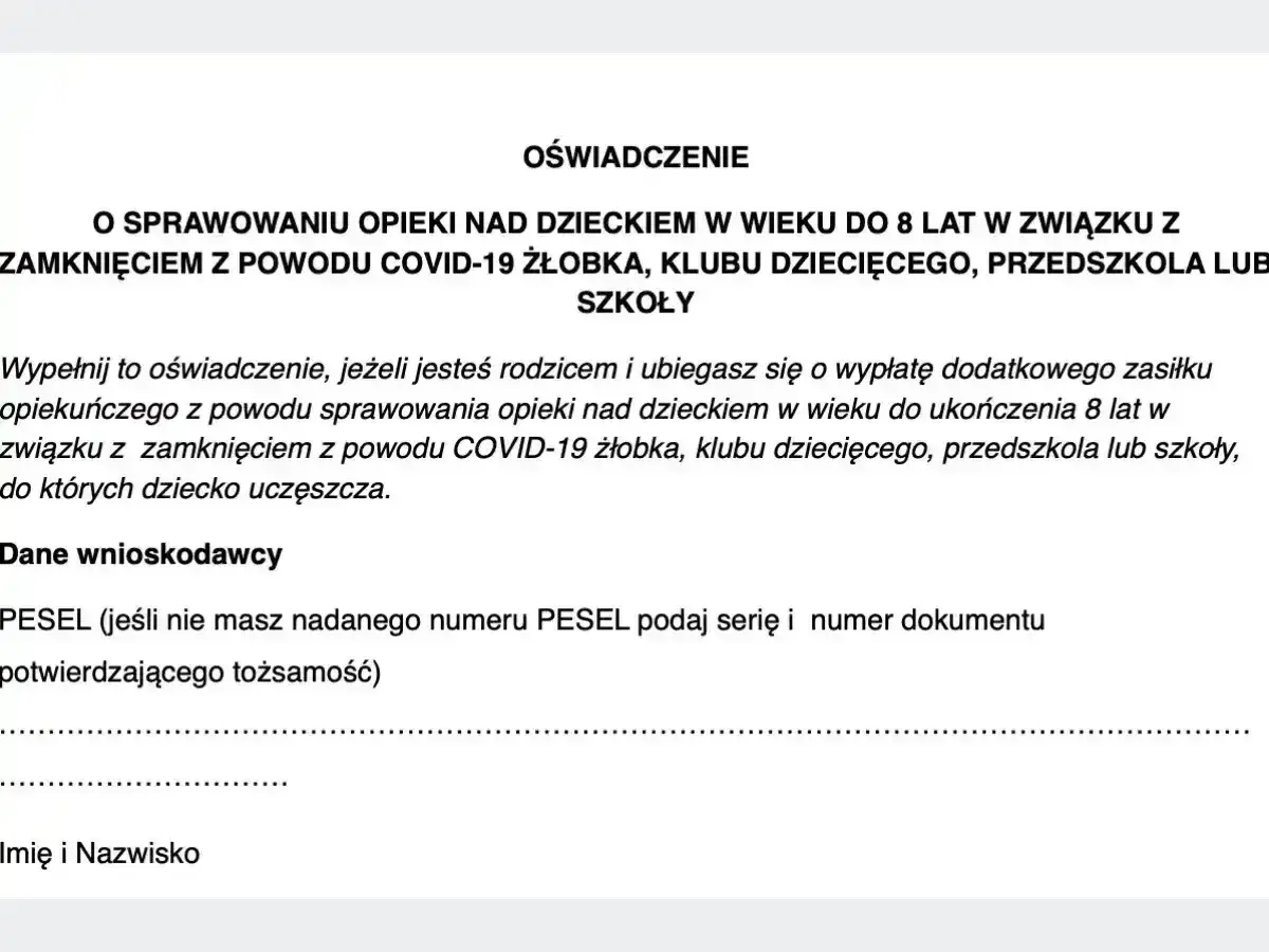 Oświadczenie o sprawowaniu opieki nad dzieckiem do 8 lat z powodu COVID-19. Formularz ZUS Z-15B do wypełnienia przez rodzica ubiegającego się o zasiłek.
