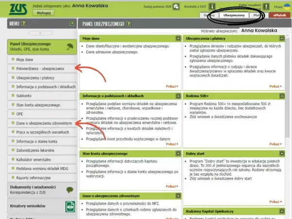 Panel Ubezpieczonego ZUS Anny Kowalskiej, zakładka "Ubezpieczony" pokazuje dane o składkach, świadczeniach i programach jak Rodzina 500+.