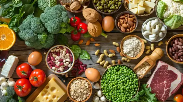 Stół z różnorodnymi produktami spożywczymi: warzywa, owoce, orzechy, nasiona, jajka, ser, mięso.