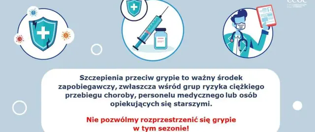 Grafika promuje szczepienia przeciw grypie. Widzimy ikonę tarczy chroniącej przed wirusami, strzykawkę z fiolką oraz lekarza. Informuje, że szczepienia to ważny środek zapobiegawczy. Cena szczepionki na grypę jest kluczowa dla dostępności.
