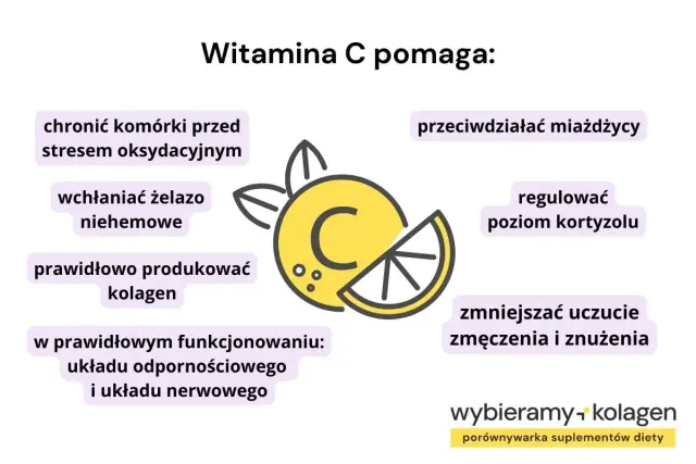 Witamina C pomaga chronić komórki, wchłaniać żelazo, produkować kolagen, regulować kortyzol i zmniejszać zmęczenie.