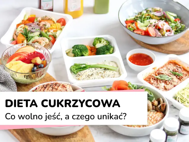 Zdrowe posiłki na talerzach, w tym sałatki, ryby i owoce, idealne dla osób stosujących dietę cukrzycową.