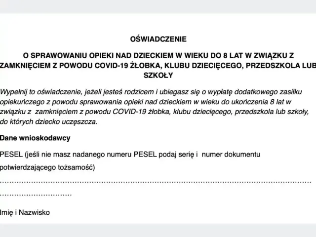 Oświadczenie o sprawowaniu opieki nad dzieckiem do 8 lat z powodu COVID-19. Formularz ZUS Z-15B do wypełnienia przez rodzica ubiegającego się o zasiłek.