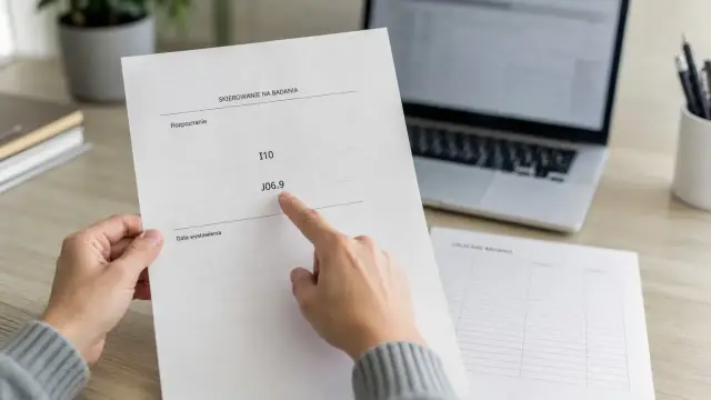 Dłoń wskazuje na dokument z rozpoznaniem ICD-10, kod J06.9.